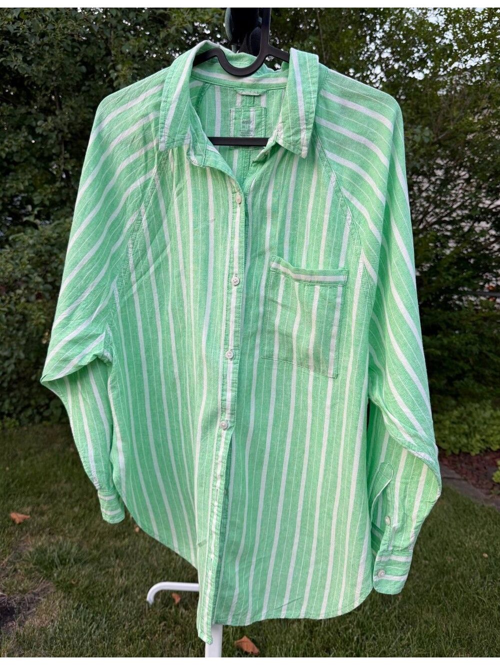 Aerie Women's XS/TP Green White Striped Linen Blend Button-Up Cover Up Shirt - Picture 2 of 8